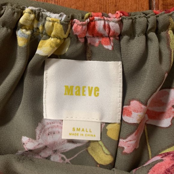 Maeve Off Shoulder Ruffle Tropical Flower Print Olive Green Small Blouse Top EUC - Picture 4 of 12